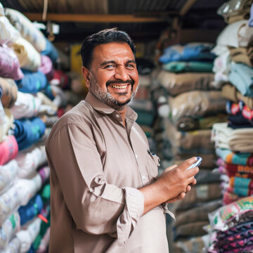 indian male clothing shop owner smiling while holding smartphone