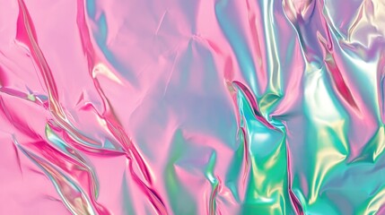 3D render of an abstract holographic foil background featuring a vibrant liquid texture in pink and green neon shades ideal for graphic design projects such as book covers and fashion prints