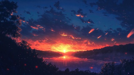 Obraz premium Orange afternoon sunlight illuminating a deep blue sunset sky creating a serene natural backdrop