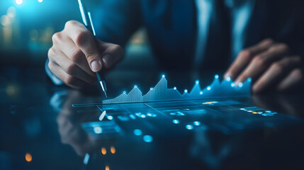 Businessman analyzing financial data with digital holographic graph, showcasing futuristic tech and real-time statistics