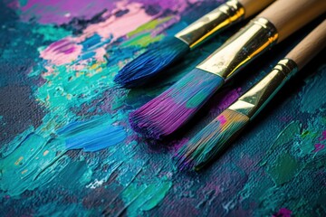 Fototapeta premium Bright splashes of paint fill a palette, while paintbrushes rest beside vibrant abstract brushstrokes on canvas, inviting creativity. Generative AI