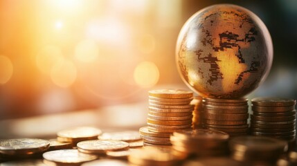 World globe overlay on stacked coins, symbolizing global finance, investment, and sunlight shining prosperity.