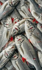 Obraz premium pile of freshly caught silver fish on ice at the market, texture of seafood background, freshness and the ocean's bounty creative backdrop