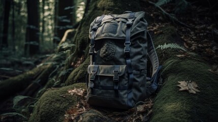 A tactical backpack resting on a mossy forest floor.