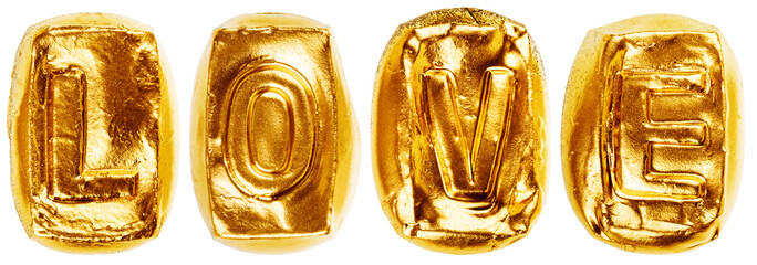 Word Love made of golden ceramic letters isolated on white background. Pottery letters forming word love.