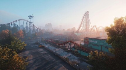 Spooky Halloween party in an abandoned theme park broken roller coasters