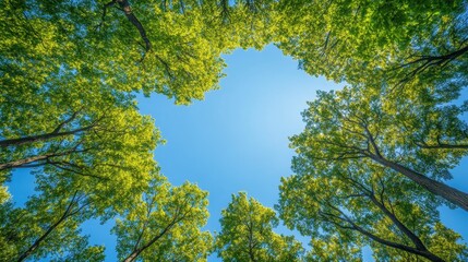 Fototapeta premium Towering trees create a lush green canopy beneath a bright blue sky, providing a natural frame for peaceful copy space