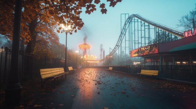 Spooky Halloween party in an abandoned theme park broken roller coasters