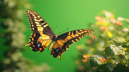 Obraz premium A vibrant yellow and black butterfly in flight against a lush green backdrop.