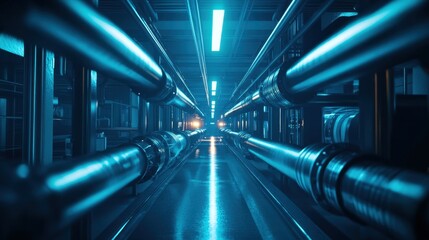 Industrial piping in a futuristic high-tech factory, glowing with blue lights. Sci-fi industrial theme.