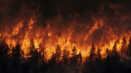 Intense nighttime forest fire, with flames engulfing trees and dramatic smoke billowing into the sky, highlighting an environmental disaster.