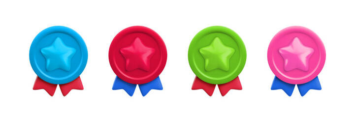 Vector cartoon 3d round medal with star and ribbons realistic icon set. Trendy blue, red, green and pink round award, cute plastic badge sign. 3d render certificate badge illustration collection.