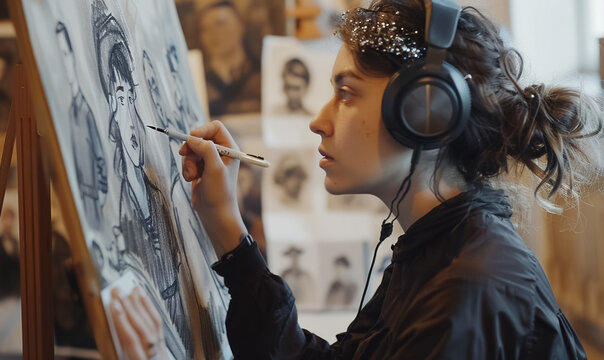 woman artist focused on sketching portrait in studio, female and creative process, person painting and listening music, artistic expression and concentration concept