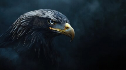 Obraz premium Majestic eagle's head, its golden beak and piercing eyes shining in a dark, misty environment with dramatic light.