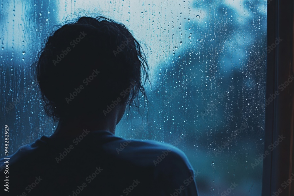 Aufkleber A person stands by a window, watching raindrops slide down the glass, enveloped in a mood of solitude and introspection on a dreary day. Generative AI