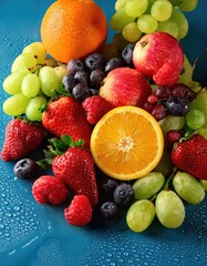 Fresh fruit assortment on blue