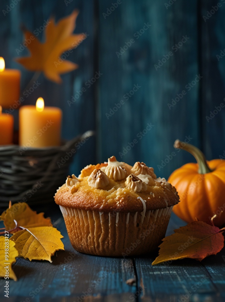 Wall mural pumpkin muffins on a wooden table