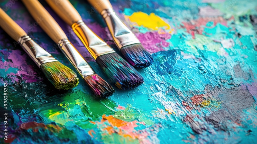 Aufkleber Bright splashes of color fill a palette while paintbrushes rest on an abstract canvas in an artist's studio, showcasing creativity in progress. Generative AI