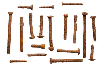 Collection of rusty bolts, screws, and nuts isolated on a white background. Design elements. Metal detecting finds.