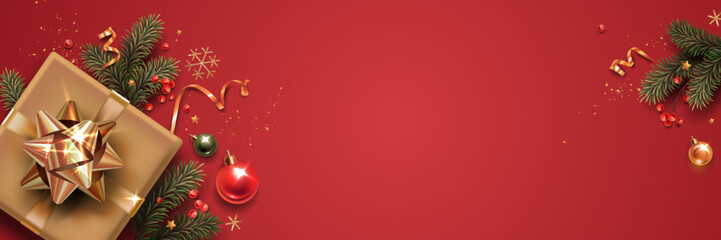 Horizontal banner with gold and green Christmas symbols and place for text. Christmas tree, balls, golden tinsel confetti and snowflakes on a red background.
