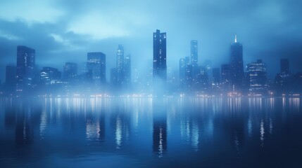 Obraz premium Misty city skyline at dawn, glowing lights reflecting in the water, a serene urban landscape with soft blue hues.