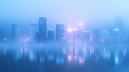 Misty city skyline at dawn, glowing lights reflecting in the water, a serene urban landscape with soft blue hues.