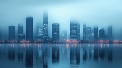 Fototapeta premium Misty morning city skyline reflected in the calm waterfront, soft blue tones and glowing lights create a serene, modern atmosphere