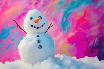 Obraz premium A Smiling Snowman With A Carrot Nose And Gemstone Buttons Against A Pink And Blue Background