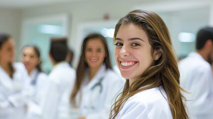 Fototapeta premium young female doctor smiling and standing confidently at hospital