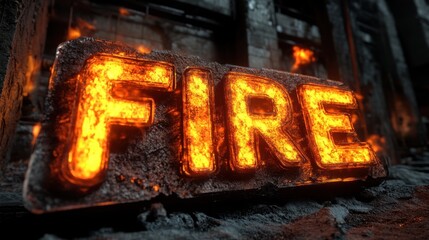 Molten metal text "FIRE" glowing with fiery effects in an industrial setting, symbolizing heat and energy.