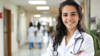 Obraz premium young female doctor smiling and standing confidently at hospital