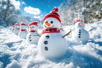 Fototapeta premium A Group of Snowmen Dressed in Red Hats and Scarves