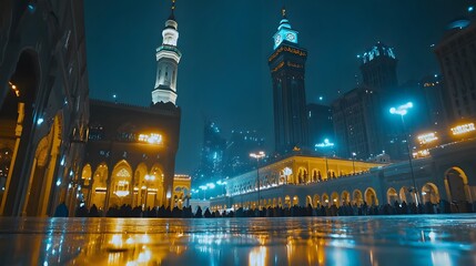 Naklejka premium Nighttime view of a bustling mosque courtyard with vibrant lights and reflections.