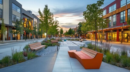 Urban Streetscape: Modern Architecture and Landscaping at Dusk
