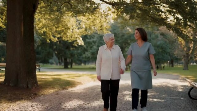 Parks, walks, and caregiving in the great outdoors with an elderly lady in need of help and care. Retirement, assistance, and a man walking an older person with a disability outside for healing, well-