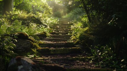A winding stone path through green nature leads into a tranquil forest. Sunlight dances on the mossy steps and fresh foliage.
