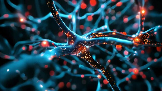 Video of neurons with glowing synapses on a dark background. Concept of neural networks and brain activity