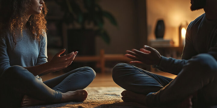 Unspoken Bond of Understanding: Two people sitting cross-legged on the floor, facing each other, engaged in a deep and meaningful conversation.