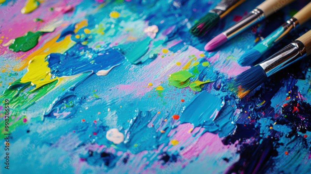 Aufkleber Bright colors mix on a palette as paintbrushes rest alongside abstract brushstrokes on a canvas, capturing creative energy and expression. Generative AI