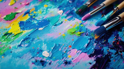 Fototapeta premium Bright colors mix on a palette as paintbrushes rest alongside abstract brushstrokes on a canvas, capturing creative energy and expression. Generative AI