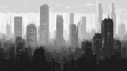 Fototapeta premium Pixelated cityscape in grayscale, featuring tall skyscrapers and a futuristic urban vibe, set in a modern, digital world.