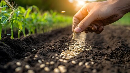 A close-up of a man's hand planting seeds in rich, dark soil during sunset.