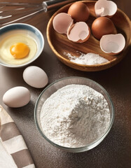 Cake Ingredients.  Flour, sugar and eggs on the kitchen table