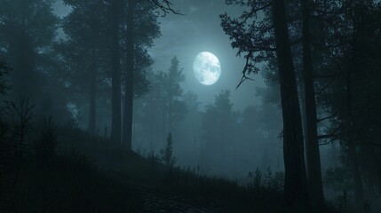 Fototapeta premium A mysterious forest path illuminated by the moonlight shining through the trees.