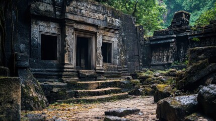 Fototapeta premium Ancient Stone Temple Entrance Overgrown with Jungle Vegetation