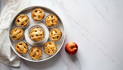 Obraz premium Mini apple tarts and apples on white marble.