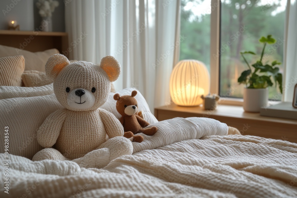 Canvas Prints Two knitted teddy bears sitting on a white bedspread in a bedroom with a window and a lamp.