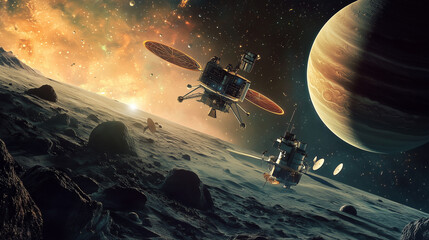 AI-driven space probes exploring distant planets and moons, gathering data on atmospheric composition, surface structures, and potential signs of life. The scene shows futuristic probes navigating ali