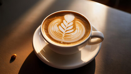 A beautifully crafted cup of latte with leaf art on a wooden table.