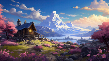 A cozy wooden cabin nestled amidst blooming flowers on a hillside overlooking a serene lake and snow-capped mountains under a bright blue sky.